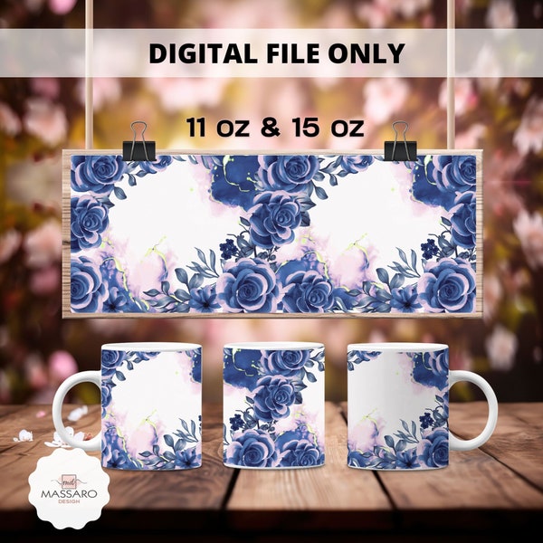 Blue Roses 11 & 15 Oz Mug Wrap - Watercolor Roses Coffee Mug Sublimation Templates 11 15 Oz Mug Wrap - Mug PNG - Instant Download