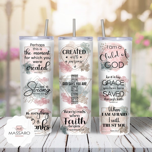 Bible Verse 20oz Skinny Tumbler Sublimation - Christian Quotes PNG - Straight/Tapered Designs PNG - Full Wrap Tumbler - Instant Download