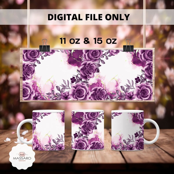 Purple Roses 11 & 15 Oz Mug Wrap - Watercolor Roses Coffee Mug Sublimation Templates 11 15 Oz Mug Wrap - Mug PNG - Instant Download