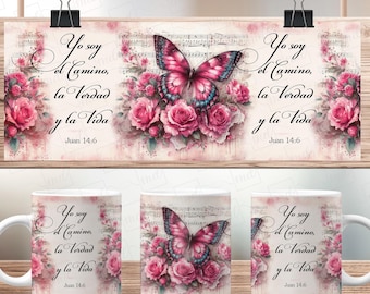 Spanish Bible Verse Mug Wrap: Floral Butterfly Coffee Mug Design (Digital Download)