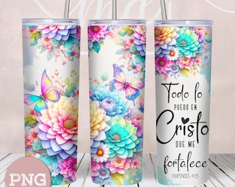 Spanish Bible Verse Tumbler Wrap: Floral Butterfly Design (PNG)