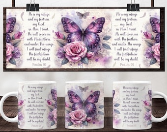 Psalm 91 Bible Verse Mug Wrap: Floral Butterfly Design (Digital Download)