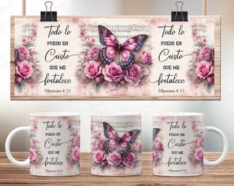 Spanish Bible Verse Mug Wrap: Floral Butterfly Coffee Mug Design (Digital Download)