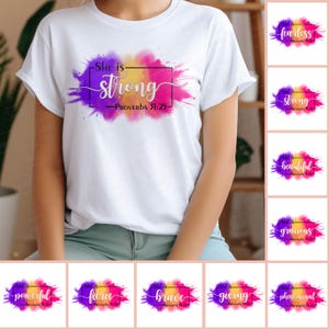 Puede incluir: Un conjunto de diez diseños de sublimación con un fondo de estilo acuarela con una cita sobre la fuerza y ​​un versículo bíblico. Los diseños presentan las palabras "Ella es" seguidas de una palabra diferente como "fuerte", "intrépida", "poderosa", "feroz", "valiente", "dando", "fenomenal", "hermosa" y "graciosa".