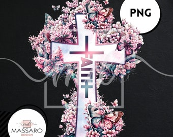 Watercolor Faith Cross PNG: Flowers and Butterflies (Digital Download)