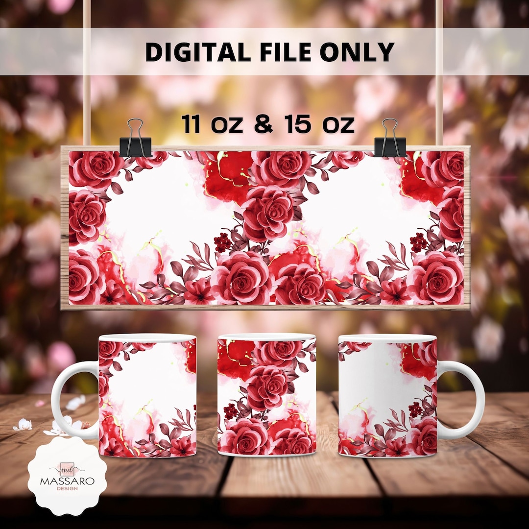 Watercolor Red Roses Mug Wrap: 11 & 15 Oz Sublimation Template (PNG ...