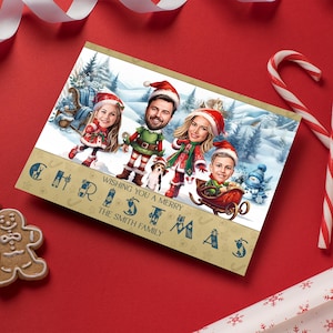 Divertente biglietto di Natale per la famiglia / Biglietto di Natale personalizzato per la famiglia / Illustrazione divertente personalizzata per la famiglia con animali domestici / Biglietto di Natale Elfo te stesso