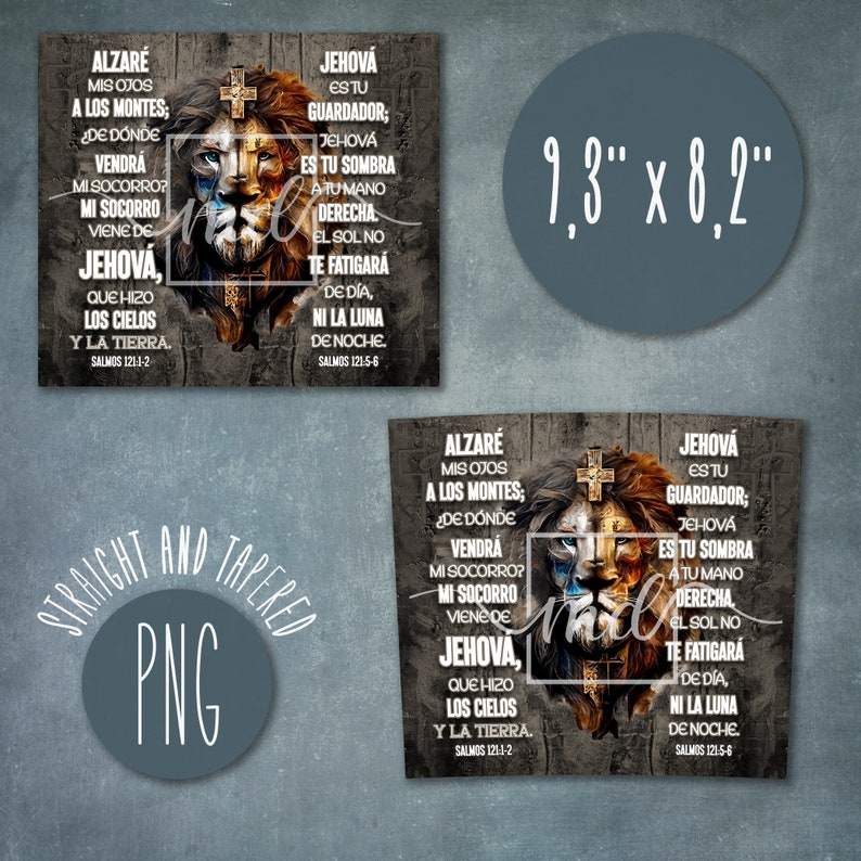 May include: A digital art print featuring a lion with a cross on its head. The lion is split in half, with one side blue and the other orange. The background is a dark gray with white text that reads "Alzar&eacute; mis ojos a los montes; &iquest;De d&oacute;nde vendra misocorro? Mi socorro viene de Jehov&aacute;, que hizo los cielos y la tierra. Salmos 121-1-2" and "Jehov&aacute; estu guardador; Jehov&aacute; es tu sombra atu mano derecha el sol no te fatigar&aacute; de d&iacute;a, ni la luna de noche. Salmos 1215-6". The print is 1.3 inches by 8.2 inches.