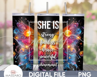 She is Strong 20oz Skinny Tumbler Sublimation - Proverbs 31:25 Bible Verse PNG - Full Wrap Tumbler - Instant Download