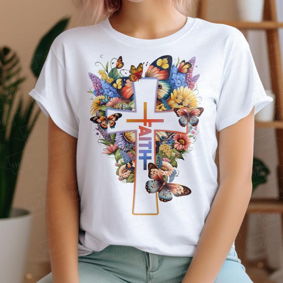 Watercolor Faith Cross PNG: Flowers and Butterflies (Digital Download)