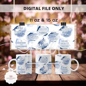 May include: Four white ceramic mugs with blue watercolour designs and inspirational quotes. The quotes include "Be the Light", "With God All Things Are Possible", "The Lord Will Guide You Always", and "Be Strong and Courageous".