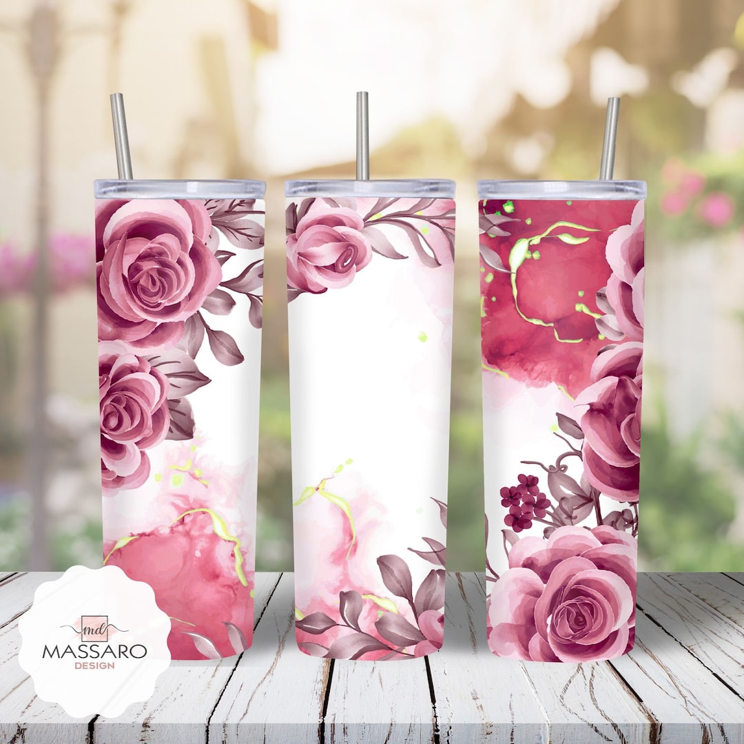 Pink Roses 20oz Skinny Tumbler Sublimation Watercolor Roses 20oz Skinny