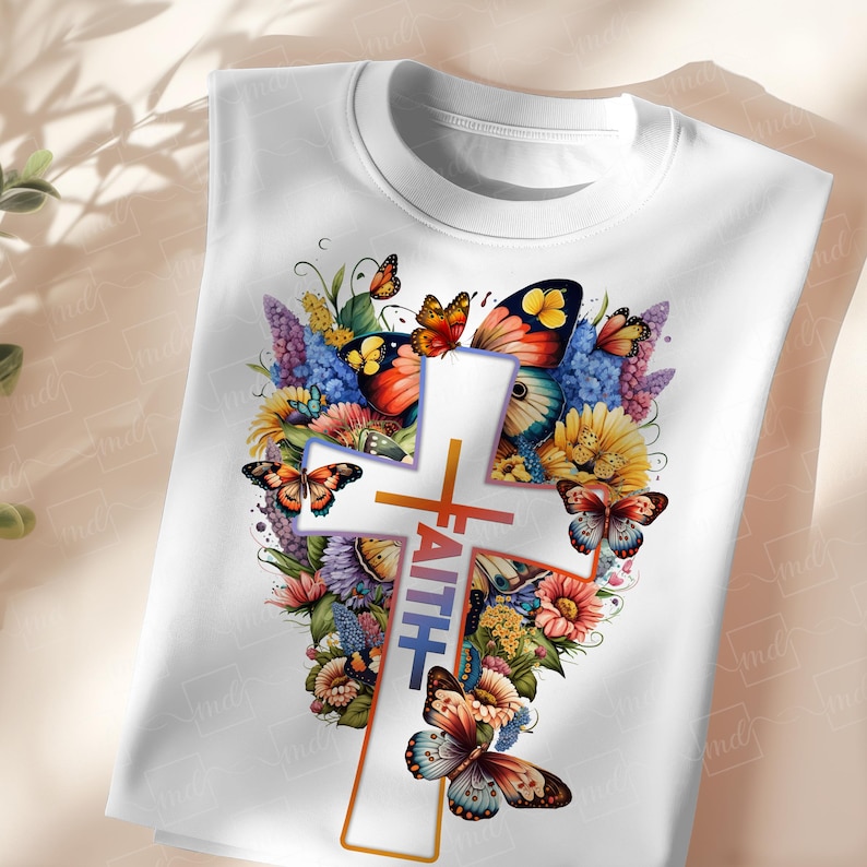 Aquarell Faith Cross PNG: Blumen und Schmetterlinge (Digital Download) Bild 2