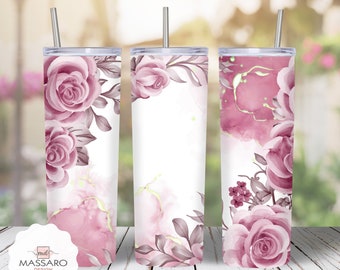 Pink Roses 20oz Skinny Tumbler Sublimation - Watercolor Roses 20oz Skinny Tumbler Sublimation Straight/ Tapered PNG - Full Wrap Tumbler