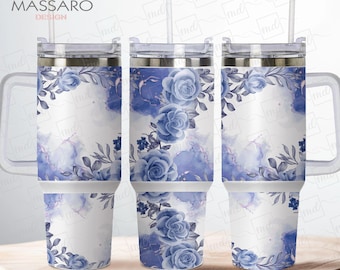 Watercolor Blue Roses 40oz Tumbler Wrap (PNG Digital Download)