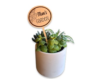 May include: A small white planter with a wooden sign that says "Mom's Garden" with a rose design. The planter contains a variety of green succulents.