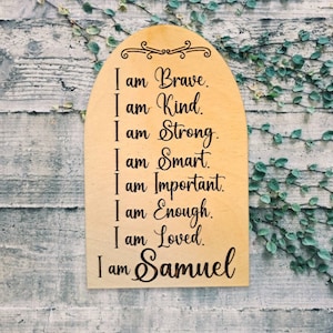 Boogbevestigingsteken svg, bevestigingsbord svg, bevestigingsbord, teken kwekerij svg, ik ben svg, Kid Affirmation, Glowforge, lasergesneden bestanden