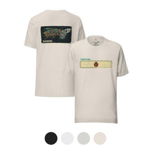 Pode incluir: Duas camisetas creme. Uma exibe um gráfico de um inseto e o texto "BACKEND:". A outra camisa tem um gráfico de joaninha e o texto "FRONTEND:". As camisas são exibidas com uma seleção de opções de cores na parte inferior.