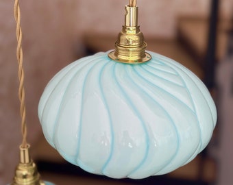 Suspension chandelier with vintage lampshade in blue opaline glass, solo, double or triple.