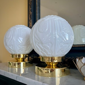White opaline glass globe with art deco motifs, 2 available