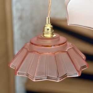 Chandelier pendant with vintage lampshade in pink frosted glass, solo, double or triple.