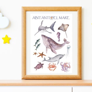 ABITANTI DEL MARE - Poster Montessori  Pdf stampabile - acquarello - camerette - Home school - Mare -  Con schede abbinate