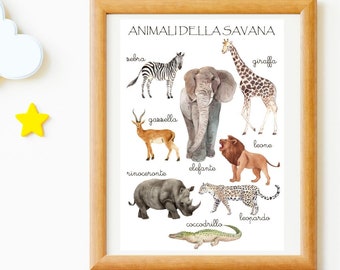 POSTER and NOMELCLATURE MONTESSORI - Animals of the Savannah - Elephant - Giraffe - Zebra - Crocodile - Gazelle - Leopard - Lion - Rhinoceros