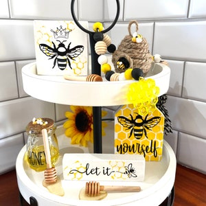 Summer tiered tray, bumblebee decor, bee decor, bee tiered tray, honey comb decor