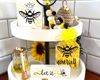 Summer tiered tray, bumblebee decor, bee decor, bee tiered tray, honey comb decor