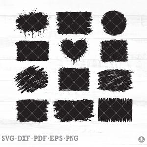 May include: A collection of black grunge shapes with a diamond pattern overlay. The shapes include rectangles, circles, and a heart, with various brushstroke and splatter effects. The bottom of the image displays the text "SVG • DXF • PDF • EPS • PNG".