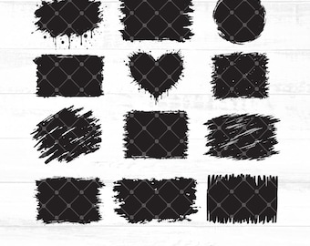 Grunge penseelstreek SVG-bundel – 12 zwarte verfvormen PNG DXF PDF – Verweerde inktspatachtergronden – Handgetekende penseelclipart - AB952