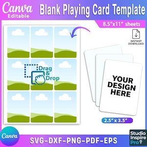 May include: A blank playing card template with a Canva logo. The template includes a grid of card designs with a drag and drop feature. The image also shows a stack of blank cards with the text "YOUR DESIGN HERE". The sheets are 8.5"x11" and the cards are 2.5" x 3.5".