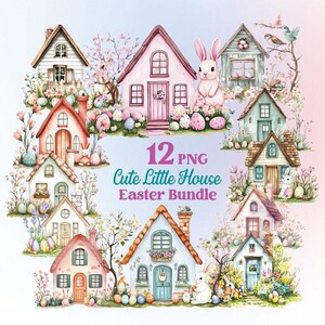 12 Cute Little House Flowers and Easter, PNG Easter clipart, Easter House Clipart, Easter bunny clipart, Transparent Background PNG - A960