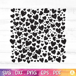 May include: A black and white digital design featuring a square pattern of various sized hearts.