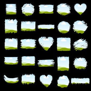 May include: A collection of various shapes, including squares, circles, and hearts, each featuring a landscape scene. The landscapes depict green hills under a blue sky with white clouds, all set against a black background.