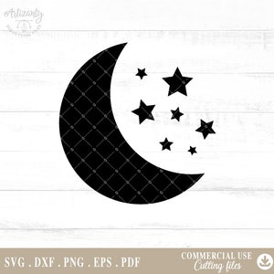 Puede incluir: Silueta en blanco y negro de una luna creciente con siete estrellas. Archivos de corte SVG, DXF, PNG, EPS, PDF. Uso comercial.