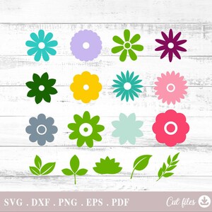 Peut inclure: Un ensemble de 16 fichiers de découpe numériques présentant divers motifs de fleurs et de feuilles. Les fleurs sont de différentes couleurs, notamment le violet, le rose, le jaune, le vert, le bleu et le rouge. Les feuilles sont toutes vertes.