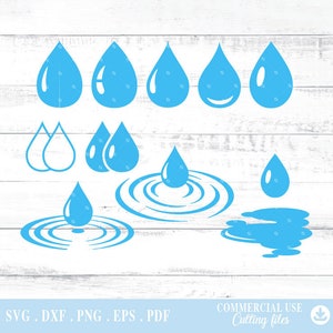 Peut inclure: Un ensemble de 10 fichiers de découpe SVG de gouttes d'eau et de vaguelettes bleues à usage commercial. L'ensemble comprend différentes formes de gouttes d'eau et des motifs de vaguelettes.