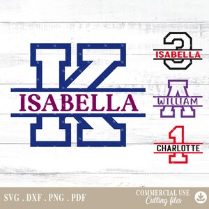 Peut inclure: Motifs de monogramme divisés mettant en vedette les lettres K, A et 1. La lettre K est bleue et porte le nom "Isabella". La lettre A est violette et porte le nom "William". Le chiffre 1 est rouge et porte le nom "Charlotte".