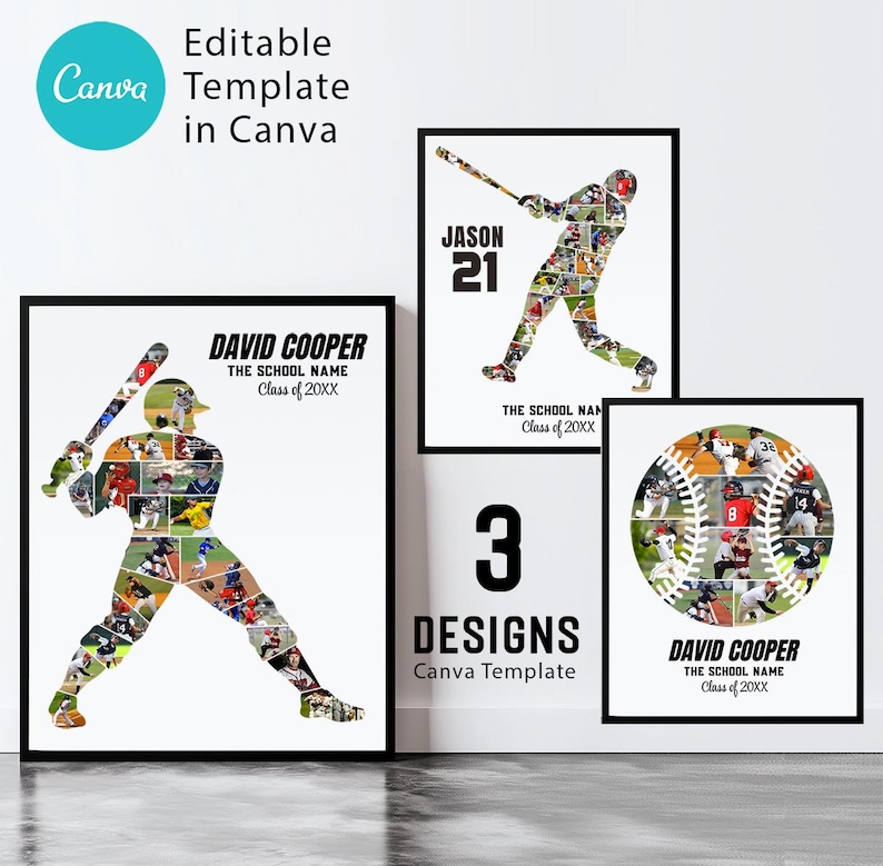 K&ouml;nnte beinhalten: Drei Baseball-Designs in Rahmen. Eines zeigt eine Baseballspieler-Silhouette mit Fotos, ein anderes einen Baseball mit Fotos und das dritte einen Spieler, der einen Schl&auml;ger schwingt. Der Text enth&auml;lt "David Cooper", "Jason 21" und "Class of 20XX".