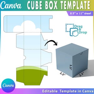 Op de afbeelding: Een blauwe kubusboxsjabloon met afmetingen van 6,35 cm. Het ontwerp omvat een platte, uitgevouwen sjabloon met een lucht- en wolkengrafiek, en de tekst "Canva CUBE BOX TEMPLATE" en "Editable Template in Canva".