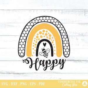 May include: A black and yellow bee with a heart above it is centered in a rainbow with a honeycomb pattern. The rainbow is yellow, orange, and white. The word "Happy" is written in black below the rainbow.