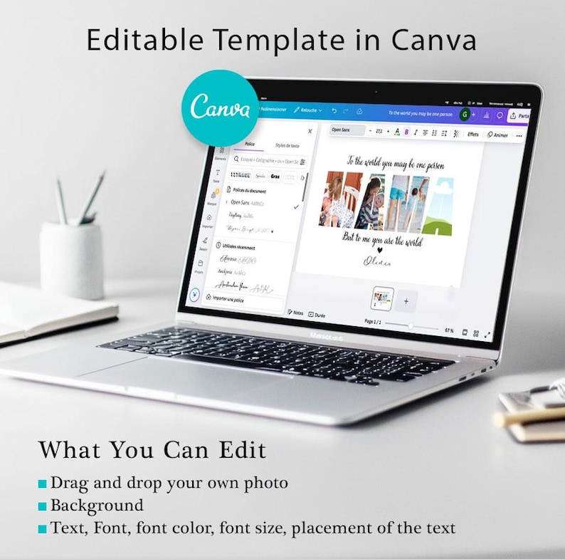 Pu&ograve; includere: Un computer portatile che mostra un modello Canva con un collage di foto di una famiglia. Il testo sul modello recita "To the world you may be one person, but to me you are the world." Il testo "What You Can Edit" &egrave; visualizzato sotto il laptop con un elenco di funzionalit&agrave; modificabili: trascina e rilascia la tua foto, lo sfondo, il testo, il carattere, il colore del carattere, la dimensione del carattere e il posizionamento del testo.