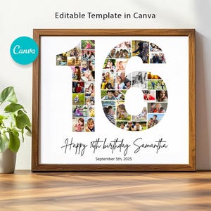 16e verjaardag fotocollage sjabloon, 16e collage, bewerkbare 16e verjaardag, nummercollage, Canva sjabloon, gepersonaliseerde 16e verjaardag A1137