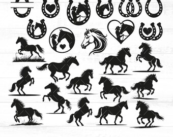 24 Pferde SVG Bundle, Pferde Silhouette, Hufeisen SVG, Pferdekopf SVG, Pferdeliebhaber SVG, Pferde Vektor, Pferdeherz, Schnittdateien für Cricut AB755