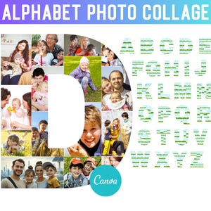 Pu&ograve; includere: Un collage fotografico di una lettera D composta da foto di famiglia. La lettera D &egrave; circondata da uno sfondo bianco. Le lettere da A a Z sono visualizzate in una riga sopra la lettera D. Ogni lettera &egrave; composta da un motivo a strisce verde e blu.