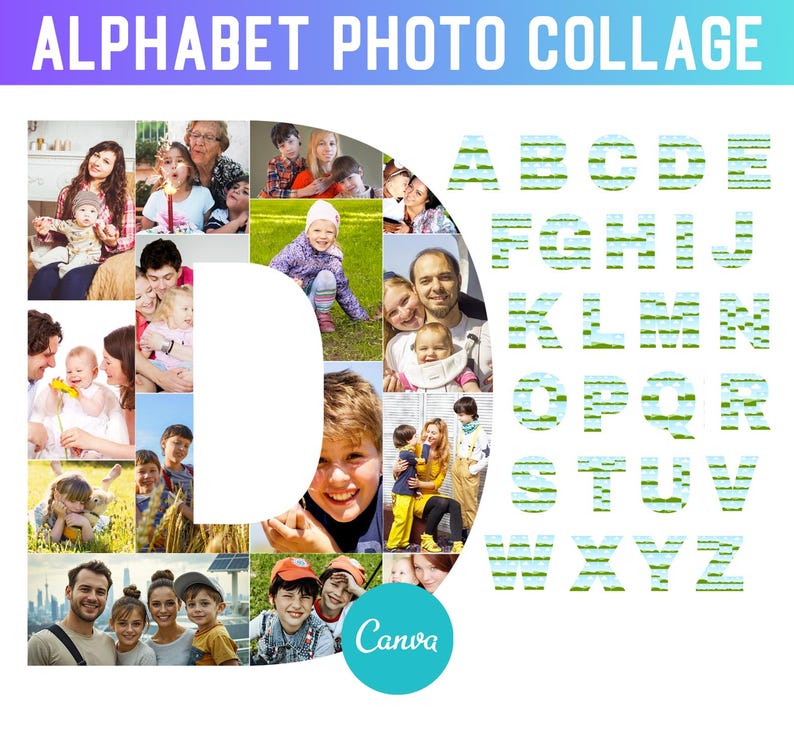 Pu&ograve; includere: Un collage fotografico di una lettera D composta da foto di famiglia. La lettera D &egrave; circondata da uno sfondo bianco. Le lettere da A a Z sono visualizzate in una riga sopra la lettera D. Ogni lettera &egrave; composta da un motivo a strisce verde e blu.