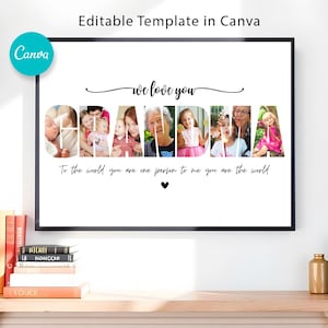 Peut inclure: Un modèle de collage photo imprimable avec le mot "Grand-mère" écrit en grandes lettres. Chaque lettre est remplie d'une photo différente d'une personne. Le texte "Nous t'aimons" est écrit au-dessus du mot "Grand-mère" et le texte "Pour le monde, tu es une personne, pour moi, tu es le monde" est écrit en dessous du mot "Grand-mère".