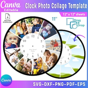 Puede incluir: Una plantilla de collage de fotos de reloj Canva con un borde negro y espacios para fotos. El diseño incluye el texto "Every Moment Matters" y está disponible en formatos SVG, DXF, PNG, PDF y EPS. La plantilla es para hojas de 30.48 cm x 30.48 cm.