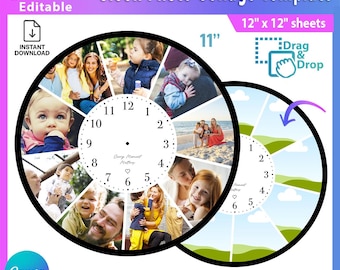 Clock Photo Collage Canva Template | Editable Family Photo Clock Template | 12x12 Wall Clock Png Svg Pdf Eps - AB974